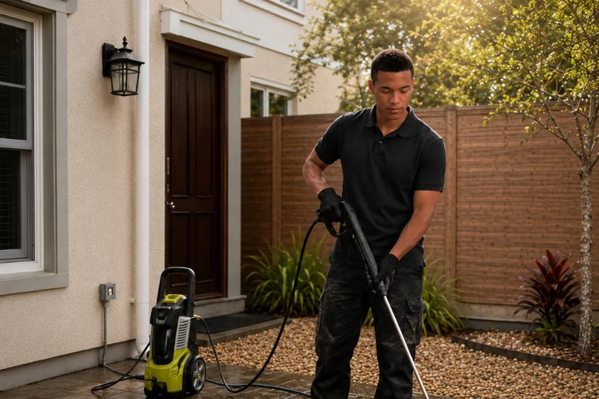 Professional pressure washing a patio to improve kerb appeal